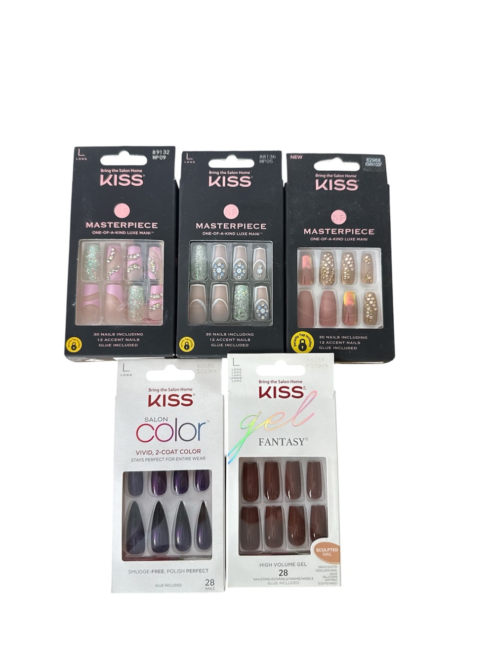 Kiss Long Square/Stiletto Masterpiece Pink/Nude Brown Purple Press On Nail Lot